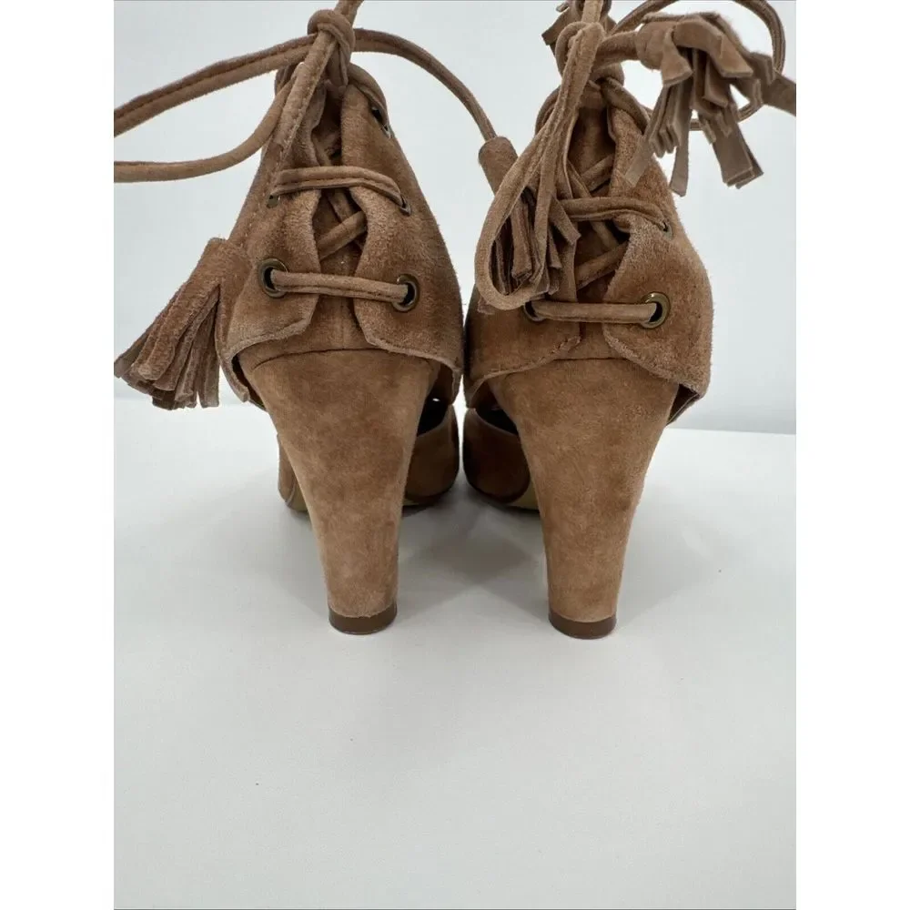 Jeffrey Campbell Handmade Ibiza Mabel Tan Suede Leather Heels Cutout‎ Tassel